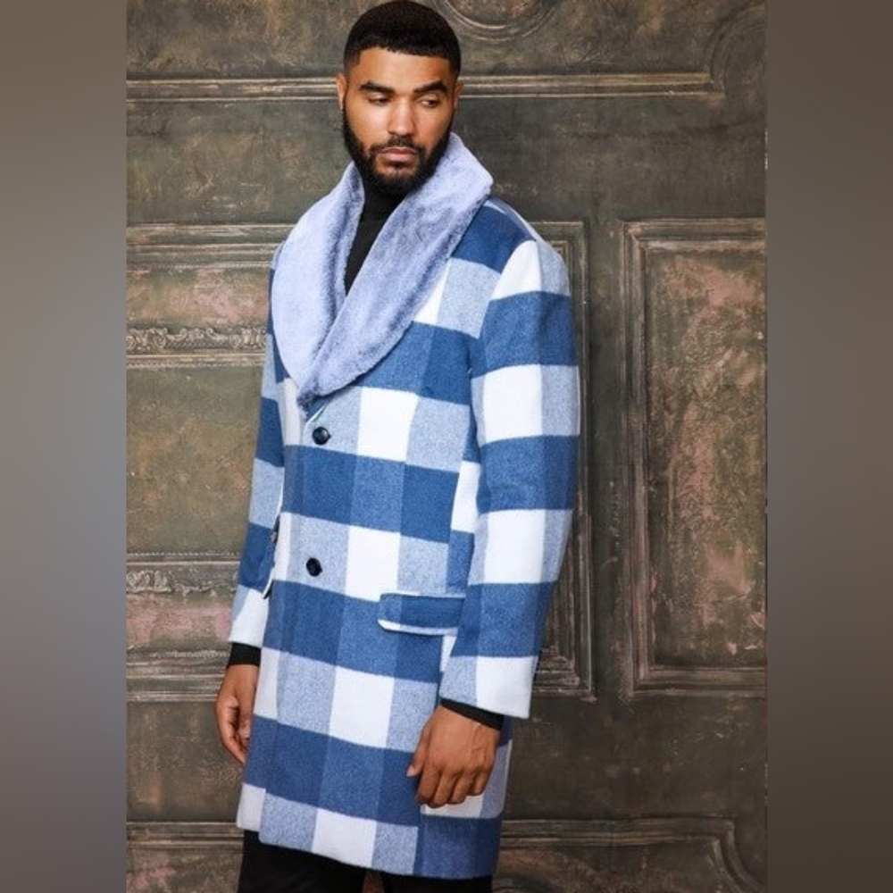 Men's Manzini White | Lt. Blue Plaid Faux Fur Overcoat NWT